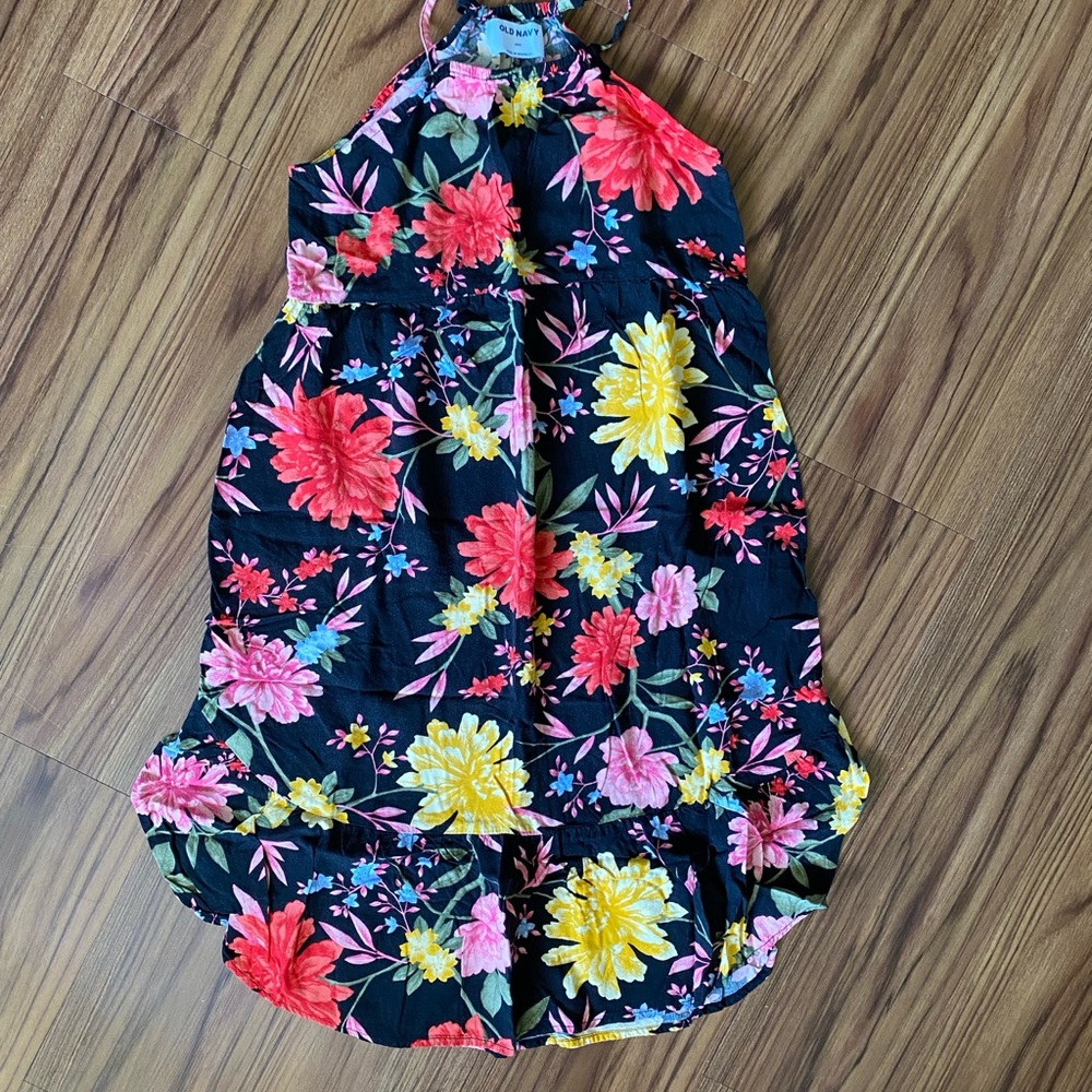 NWOT Old Navy Girls Black with Vibrant Floral Design Sleeveless Dress Size 8